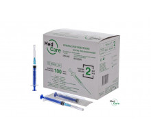 Шприц одноразовый 2 мл 3-х компонентный MedCare с иглой 23G 0,63х32 мм, 100 шт.