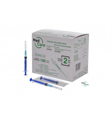 Шприц одноразовый 2 мл 3-х компонентный MedCare с иглой 23G 0,63х32 мм, 100 шт.