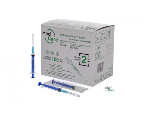 Шприц одноразовый 2 мл 3-х компонентный MedCare с иглой 23G 0,63х32 мм, 100 шт.