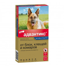 Адвантикс®  для собак от 25 до 40 кг для защиты от блох, иксодовых клещей и летающих насекомых и переносимых ими заболеваний. 4 пипетки в упаковке.
