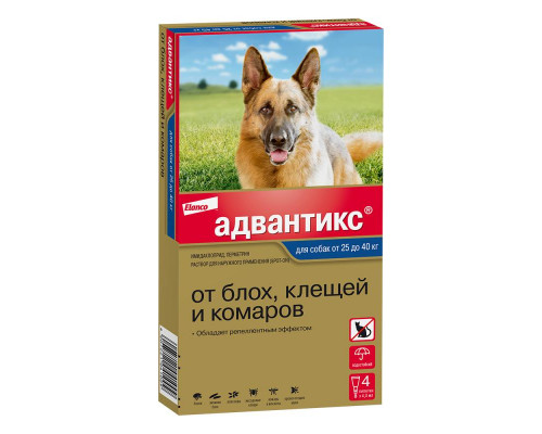 Адвантикс®  для собак от 25 до 40 кг для защиты от блох, иксодовых клещей и летающих насекомых и переносимых ими заболеваний. 4 пипетки в упаковке.