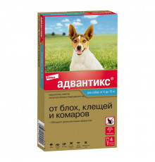 Адвантикс®  для собак от 4 до 10 кг для защиты от блох, иксодовых клещей и летающих насекомых и переносимых ими заболеваний. 4 пипетки в упаковке.