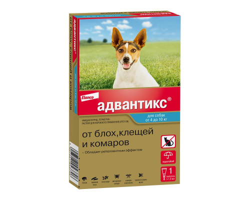 Адвантикс®  для собак от 4 до 10 кг для защиты от блох, иксодовых клещей и летающих насекомых и переносимых ими заболеваний. 1 пипетка в упаковке.
