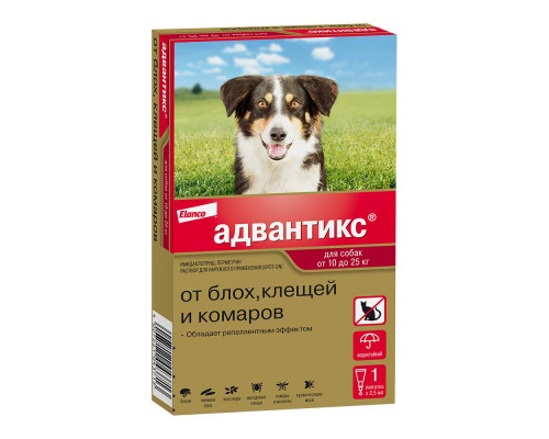 Адвантикс®  для собак от 10 до 25 кг для защиты от блох, иксодовых клещей и летающих насекомых и переносимых ими заболеваний. 1 пипетка в упаковке.