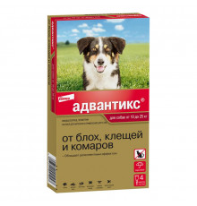 Адвантикс®  для собак от 10 до 25 кг для защиты от блох, иксодовых клещей и летающих насекомых и переносимых ими заболеваний. 4 пипетки в упаковке.