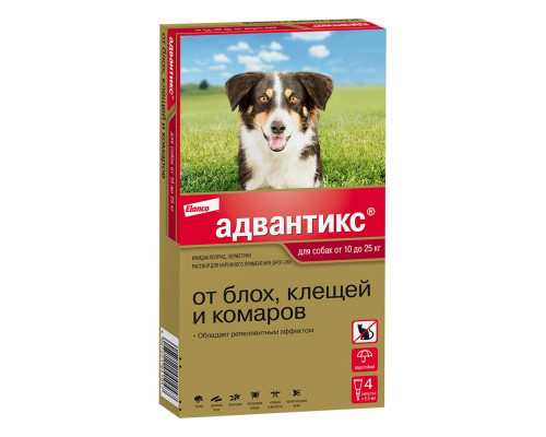 Адвантикс®  для собак от 10 до 25 кг для защиты от блох, иксодовых клещей и летающих насекомых и переносимых ими заболеваний. 4 пипетки в упаковке.