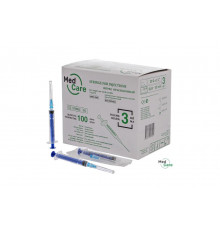Шприц одноразовый 3 мл 3-х компонентный MedCare с иглой 23G 0,63х32 мм, 100 шт.