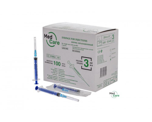 Шприц одноразовый 3 мл 3-х компонентный MedCare с иглой 23G 0,63х32 мм, 100 шт.