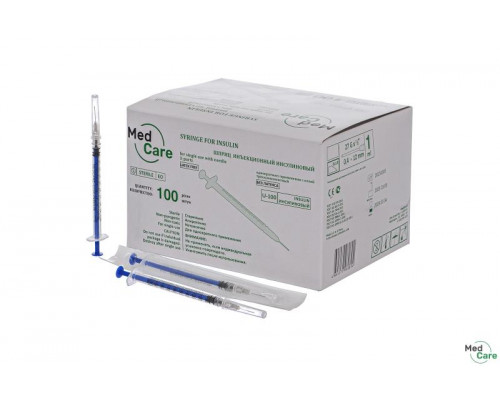 Шприц одноразовый 1 мл 3-х компонентный MedCare инсулиновый с иглой 27G 0,40х12 мм, 100 шт.