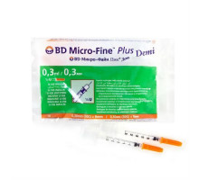 Шприц одноразовый 0,3 мл 3-х компоментный BD micro-fine PLUS U-100 ДЭМИ инсулиновый с интегрированной иглой 30G 0,3 мм х 8 мм, 10 шт.