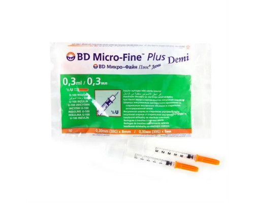 Шприц одноразовый 0,3 мл 3-х компоментный BD micro-fine PLUS U-100 ДЭМИ инсулиновый с интегрированной иглой 30G 0,3 мм х 8 мм, 10 шт.