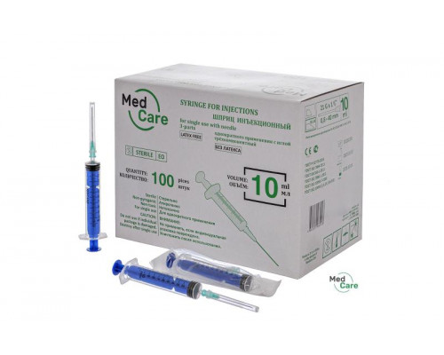 Шприц одноразовый 10 мл 3-х компонентный MedCare с иглой 21G 0,80х40 мм, 100 шт.