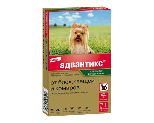 Адвантикс®  для собак весом до 4 кг для защиты от блох, иксодовых клещей, летающих насекомых и переносимых ими заболеваний. 1 пипетка в упаковке.