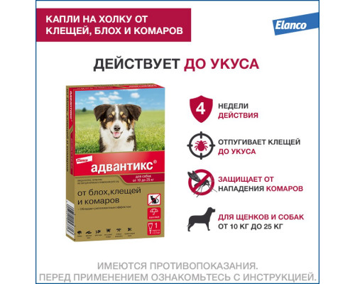 Адвантикс®  для собак от 10 до 25 кг для защиты от блох, иксодовых клещей и летающих насекомых и переносимых ими заболеваний. 1 пипетка в упаковке.