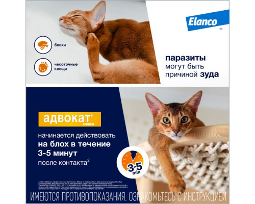 Адвокат® кошки, капли на холку от блох, чесоточных клещей и круглых гельминтов для кошек и хорьков весом до 4 кг. 3 пипетки в упаковке.